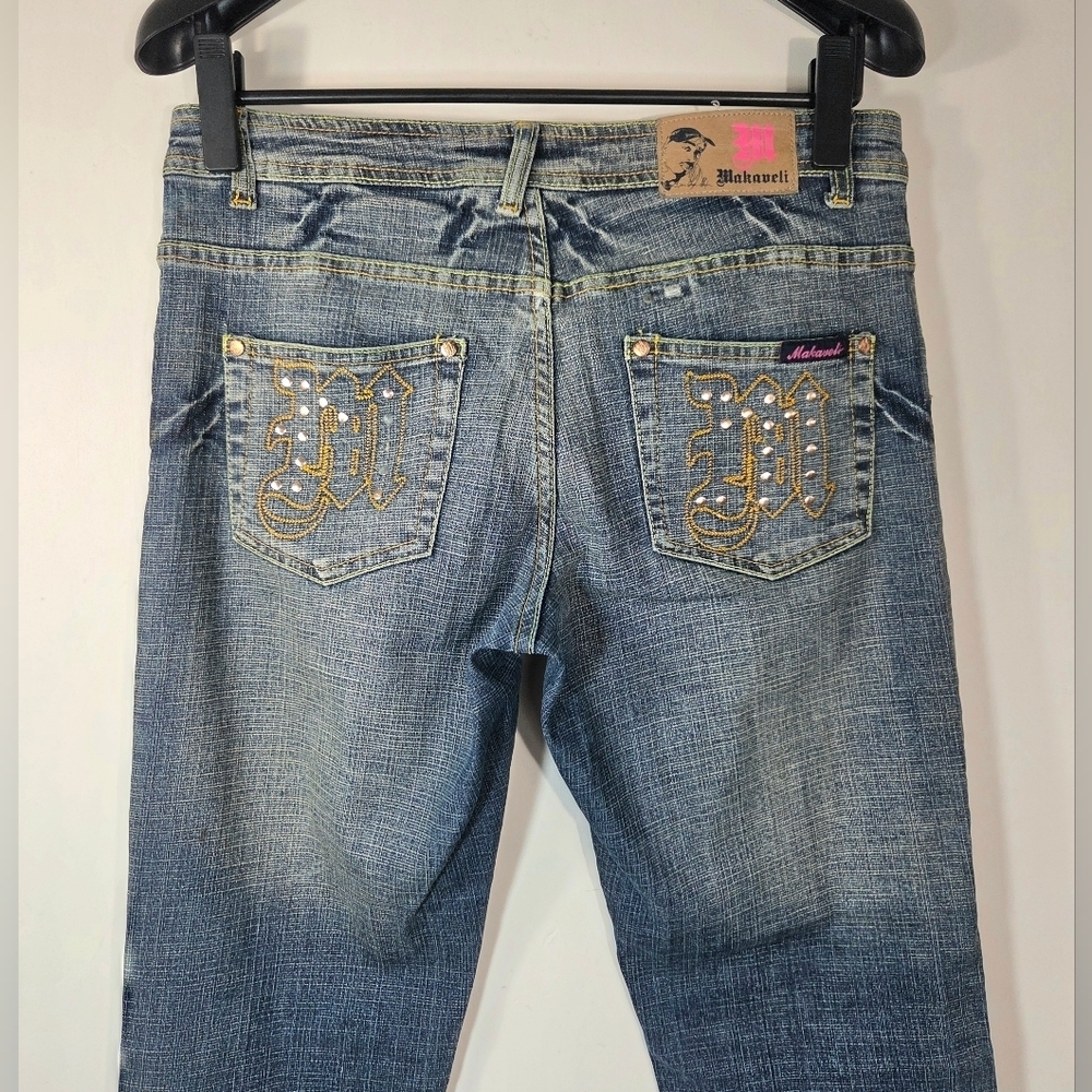 VINTAGE Y2K MAKAVELI TUPAC EMBROIDERED FLARE JEANS. - Picture 4 of 9